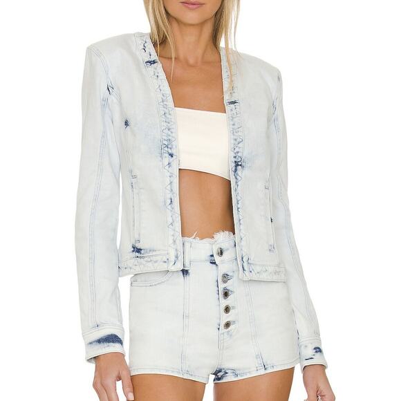Retrofete NWT Mabel Cloud Blue Denim Padded Shoulder Jean Jacket XS NEW $425 - Picture 1 of 6
